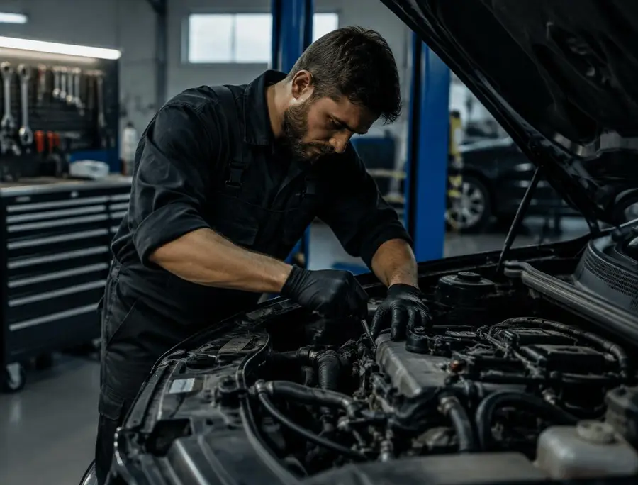 Mécanicien travaillant sur un moteur en atelier